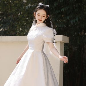 Women's White A-Line Long Dress with Puff Sleeves and Stand Collar