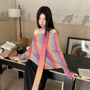 Women's Off-Shoulder Gradient Knit Sweater Long Sleeve Loose Fit