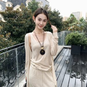 Women's White Knit Three-Piece Set 2025 Fall Viscose Cardigan Tank Top and Skirt