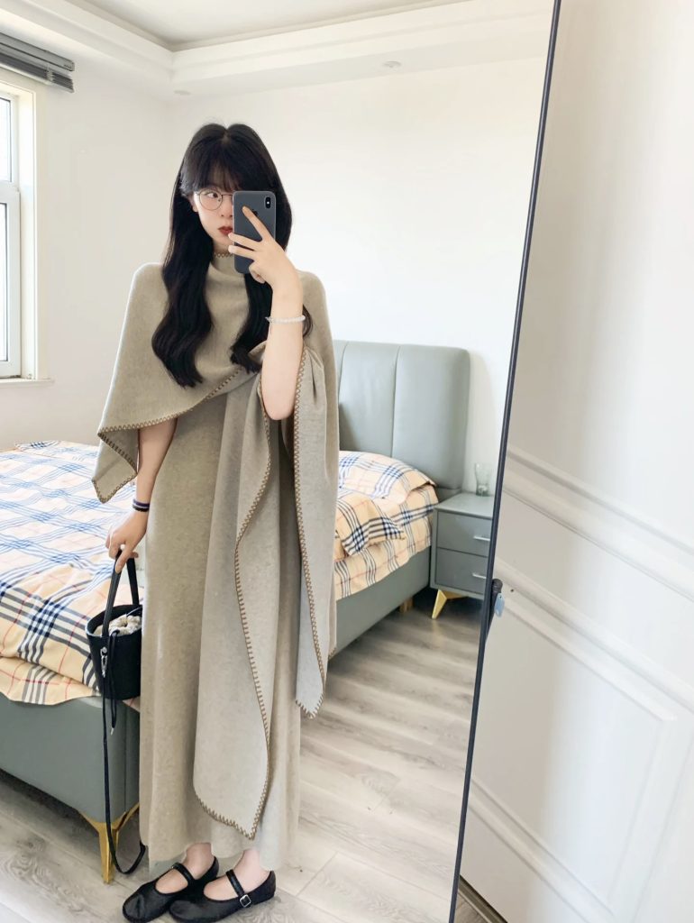 French Elegant Gentle Knit Dress with Shawl Two-Piece Set for Women 2026 Autumn