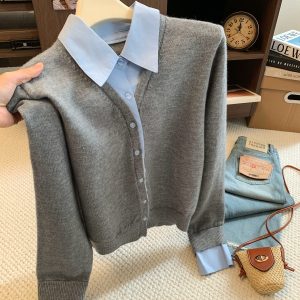Women's Early Autumn Color Block Faux Two-Piece Knit Cardigan Sweater