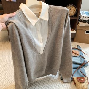 Women's Oatmeal Navy Faux Two-Piece Knit Shirt Top 2026 Fall Korean Loose Slimming Long Sleeve Pullover