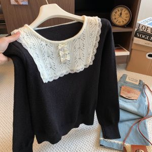 Women's Lace Panel Knit Top 2026 Autumn Bow Color Block Slim Long Sleeve Pullover Sweater