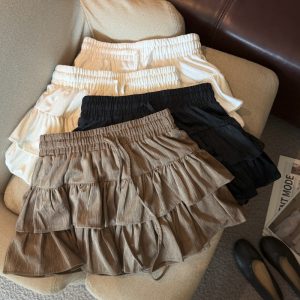 2026 Autumn Winter New Elastic High Waist Lace-Up Cake Skirt Ruffle A-Line Mini Skirt Velvet Women