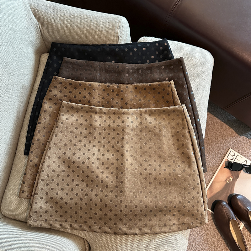 American Style Faux Suede Polka Dot High Waist Bodycon Mini Skirt for Women 2026 Autumn