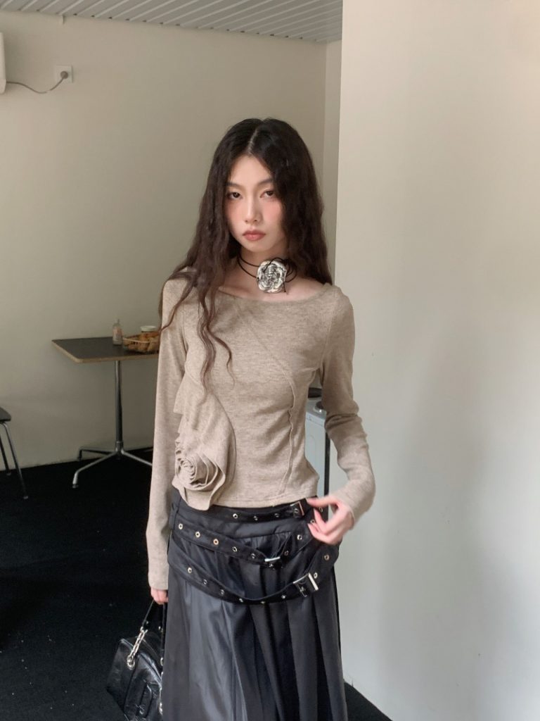 Apricot Off-Shoulder Slim Fit Long Sleeve Knit Top with Belt