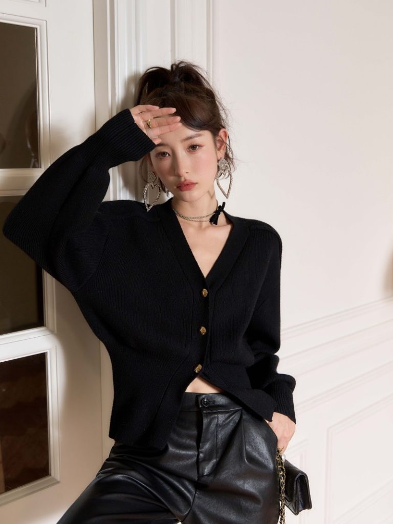 Black Lantern Sleeve Cardigan with Metal Buttons