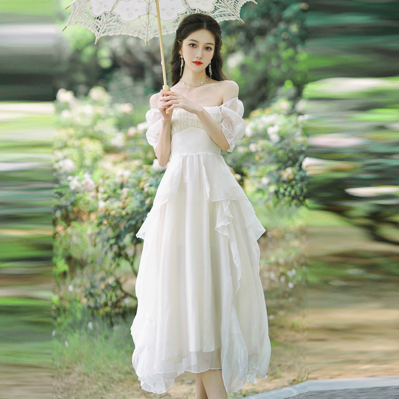 French High Waist Flowy Slimming Short Sleeve Dress