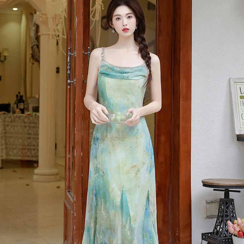 French Style Cowl Neck Gradient Mermaid A-Line Slip Dress