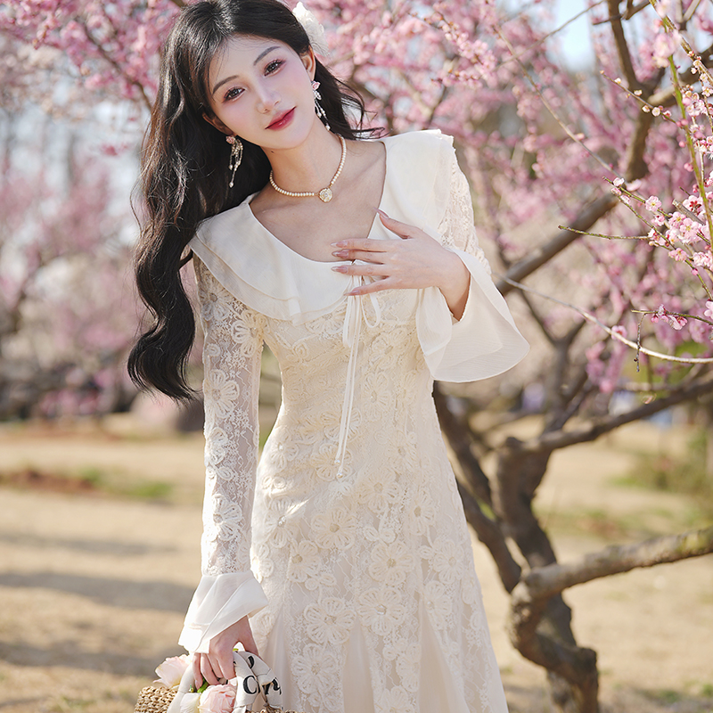 French V-Neck Lace Long Sleeve Mermaid Dress with High Waist - Style a303e4