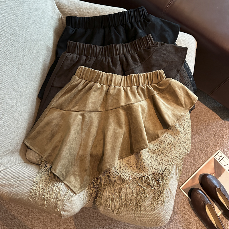 Korean Lace Spliced Fringe Asymmetric Suede Mini Skirt High Waist Elastic A-Line