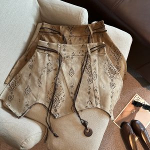 Korean Retro Print High Waist Asymmetric Skirt with String Tie