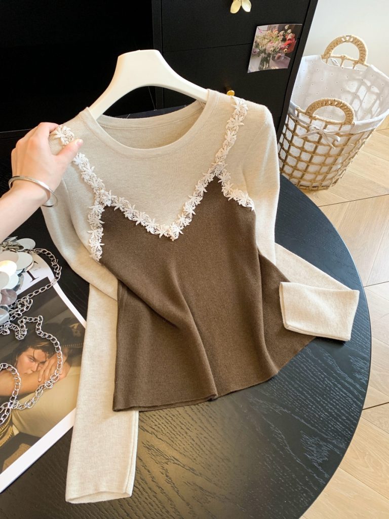 Korean Style Color Block Faux Two Piece Lace Spliced Long Sleeve Knit Top Fall New Slimming Top