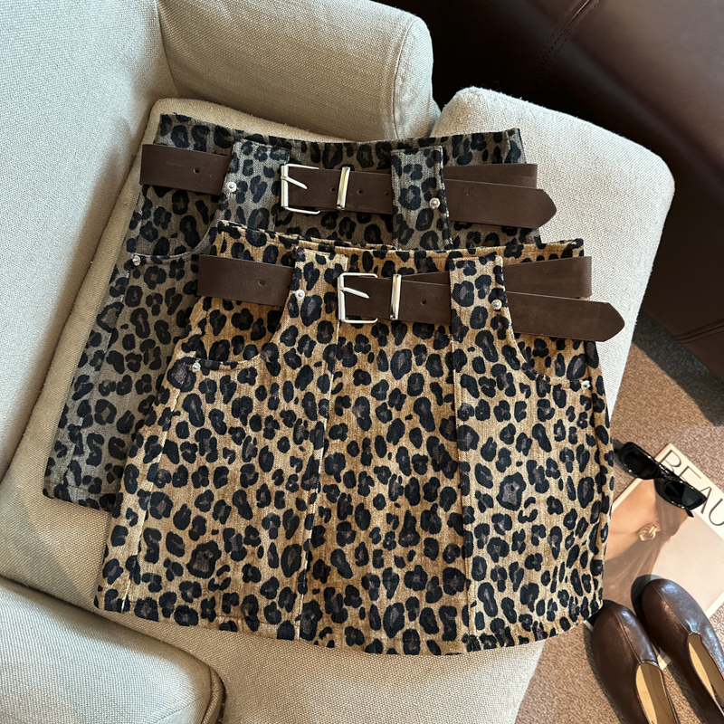 Leopard Print A-Line Mini Skirt with Belt Retro Style