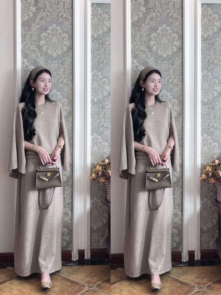 Light Camel Knit Two-Piece Sweater and Skirt Set Fall 2025