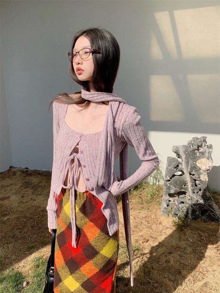 Light Purple Knit Three-Piece Set with Scarf and Square Neck Cardigan