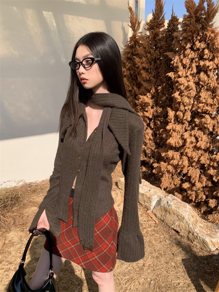 Mocha Brown V-Neck Cardigan Sweater with Scarf