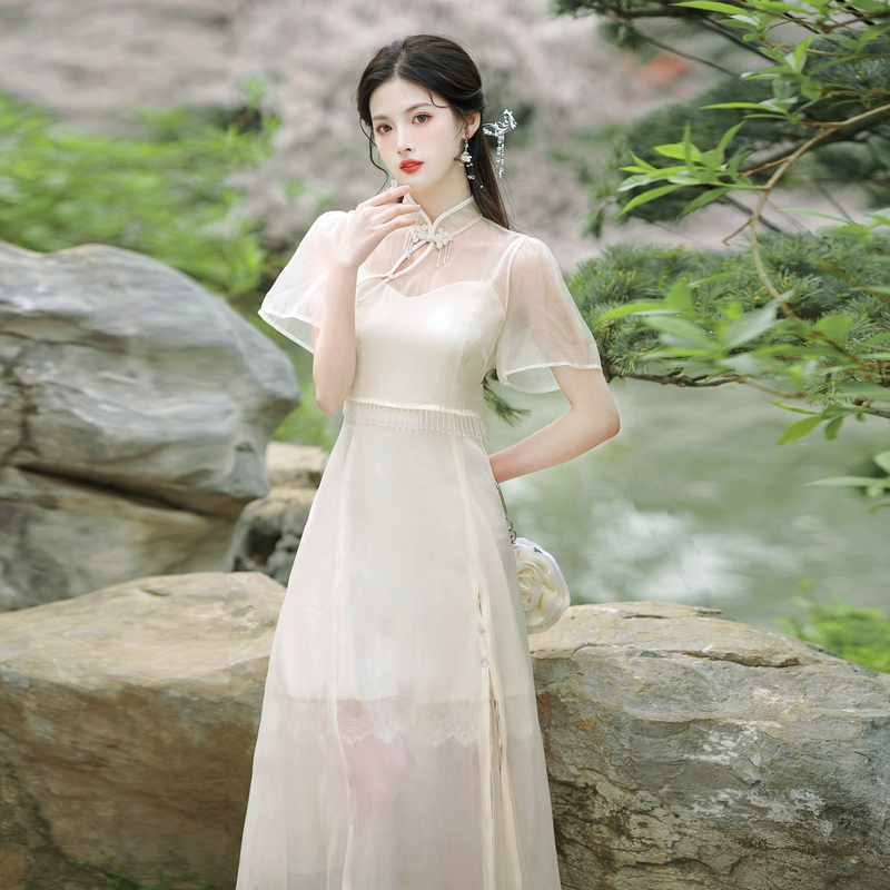 New Chinese Style Modified Qipao Cami Dress Set for Young Women