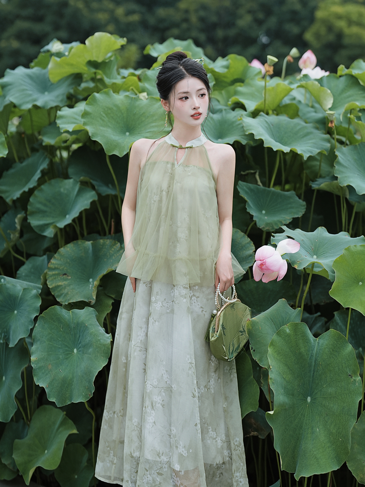 New Chinese Style Printed Halter Dress