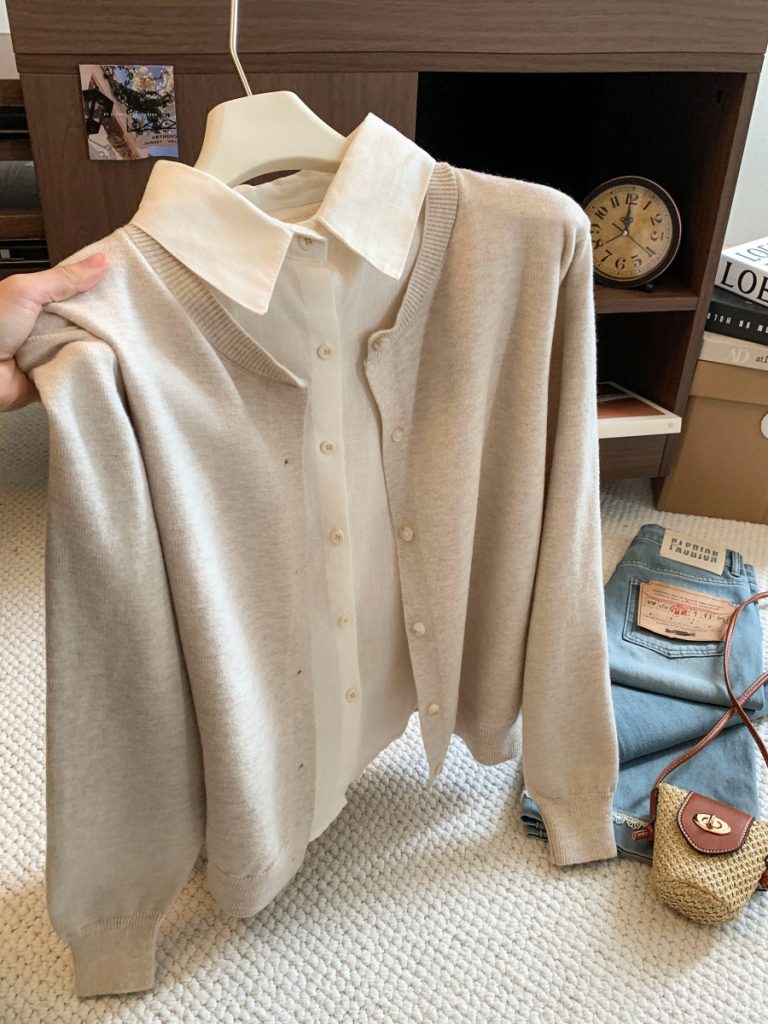 Old Money Layered Shirt Collar Knit Top Women 2026 Fall Faux Two Piece