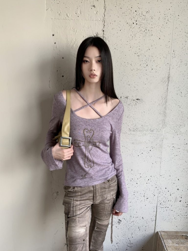 Purple Gray Flared Long Sleeve Cross Copper Studded Knit Sweater