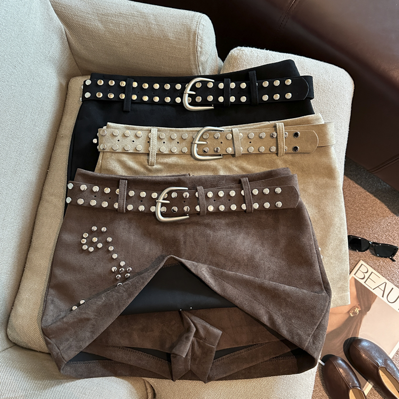 Retro Beaded Sequin Faux Suede Mini Skirt with Belt High Waist A-Line 2026 Fall