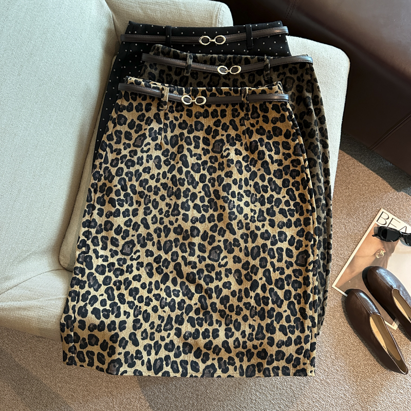 Retro Leopard Print High Waist A-Line Midi Skirt with Belt