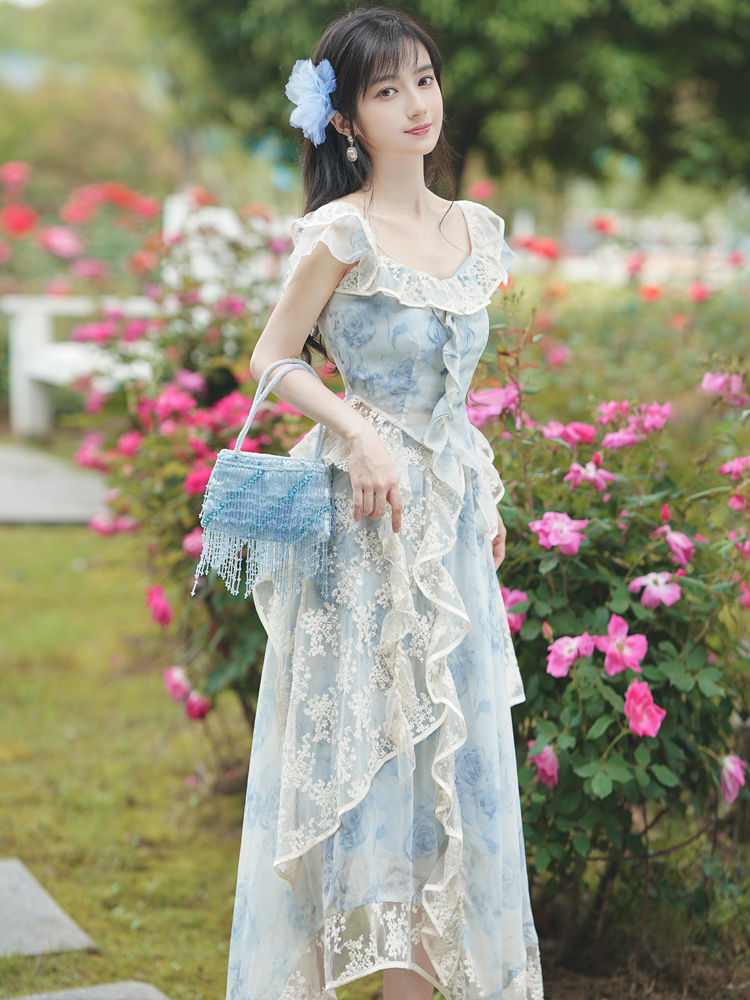 Sky Blue Lace Embroidered Print Two-Piece Dress Set - Style 554c2e