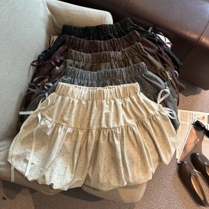 Sweet Polka Dot Bow Bubble Suede A-Line Mini Skirt for Women Autumn
