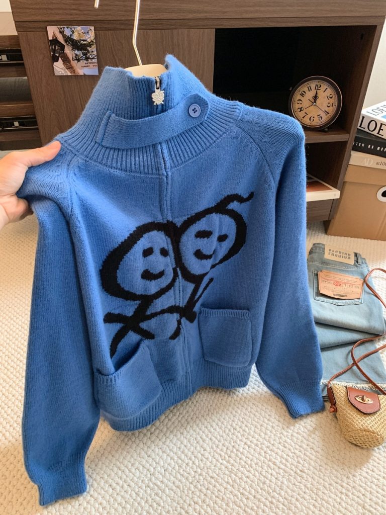 Women's American Style Lazy Stick Figure Knit Cardigan Retro Stand Collar Short Coat