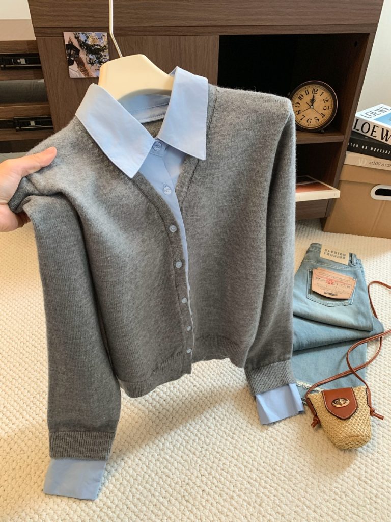 Women's Early Autumn Color Block Faux Two-Piece Knit Cardigan Sweater