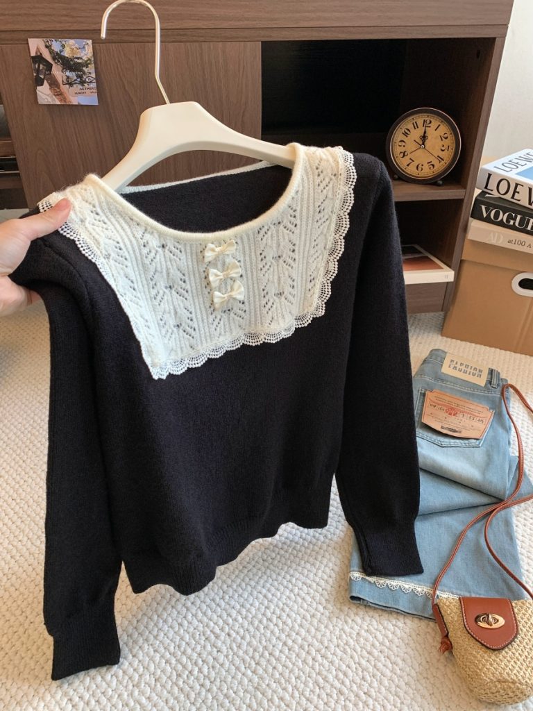 Women's Lace Panel Knit Top 2026 Autumn Bow Color Block Slim Long Sleeve Pullover Sweater