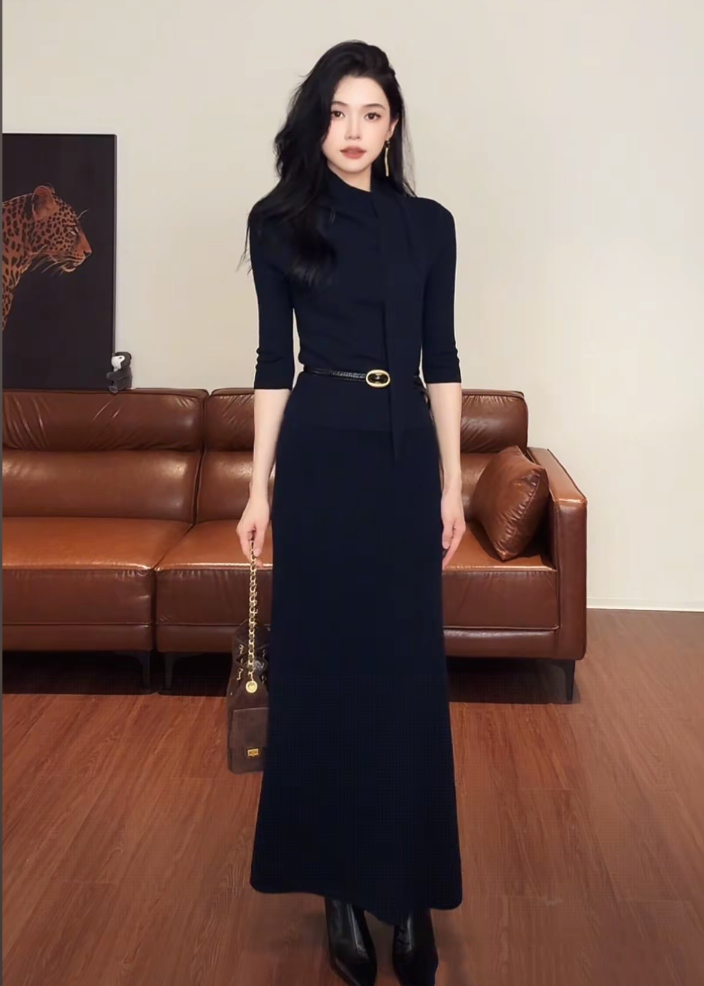 Women's Navy Knit Two-Piece Set with Cowl Neck Top and Bodycon Skirt