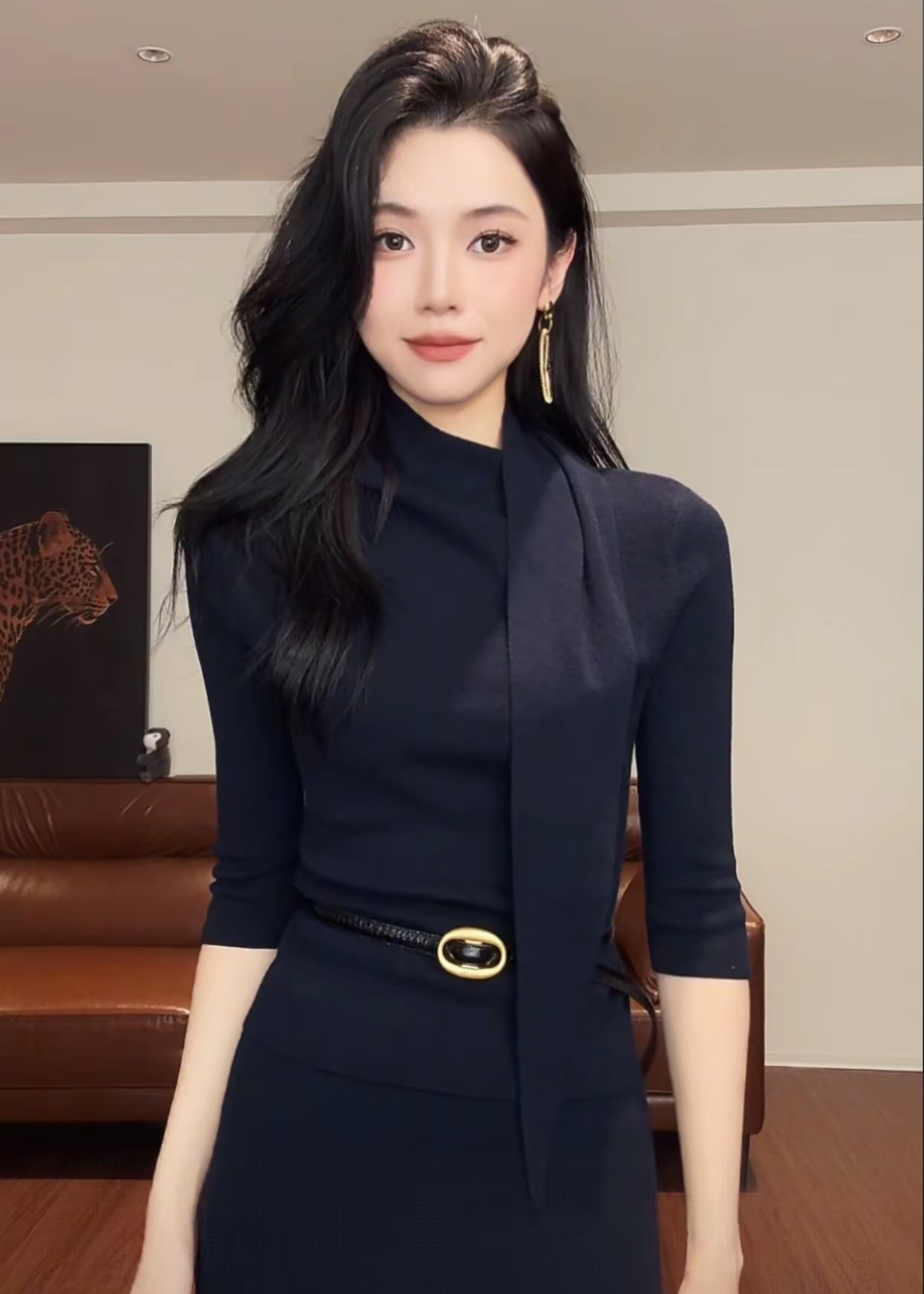 Women's Navy Knit Two-Piece Set with Cowl Neck Top and Bodycon Skirt - Image 2