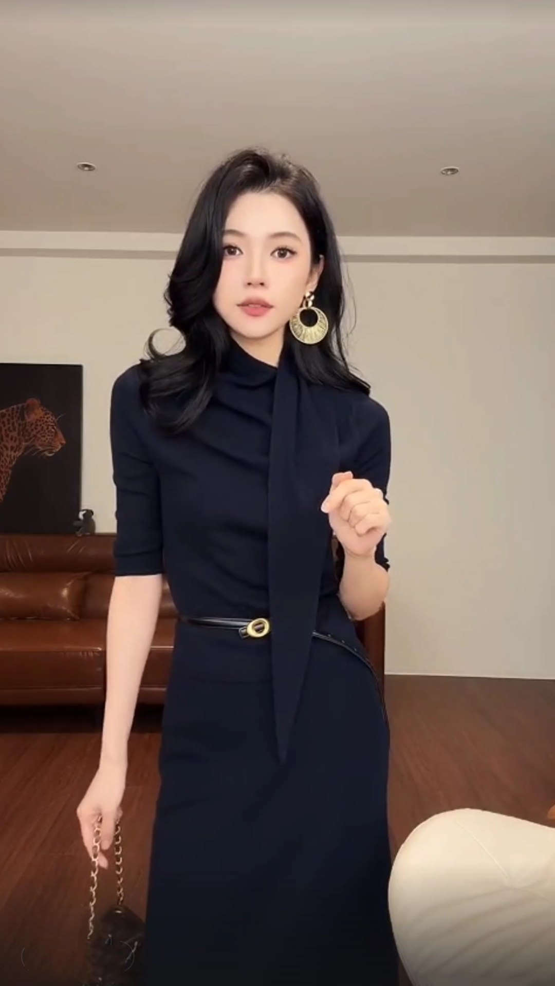 Women's Navy Knit Two-Piece Set with Cowl Neck Top and Bodycon Skirt - Image 4