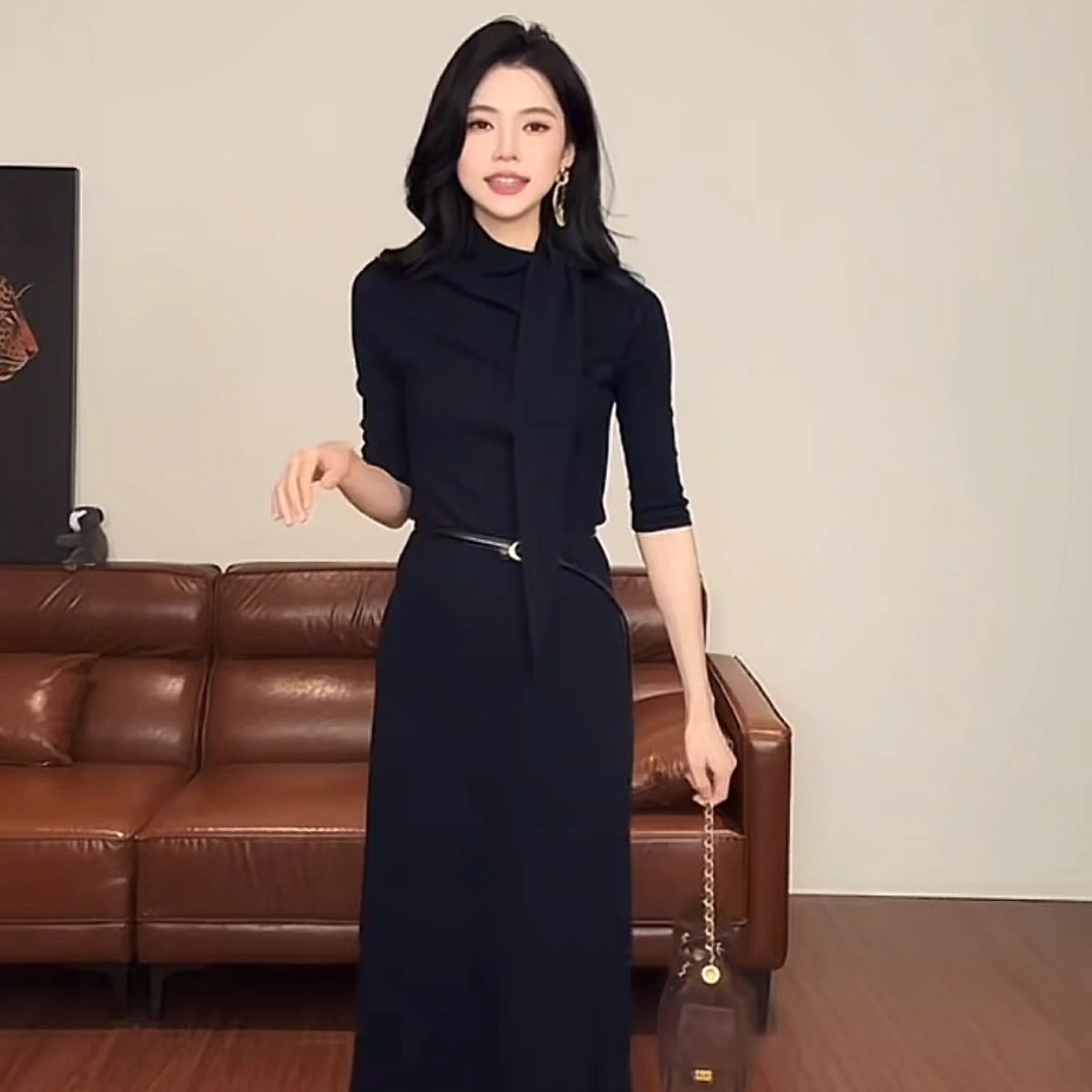 Women's Navy Knit Two-Piece Set with Cowl Neck Top and Bodycon Skirt - Image 5