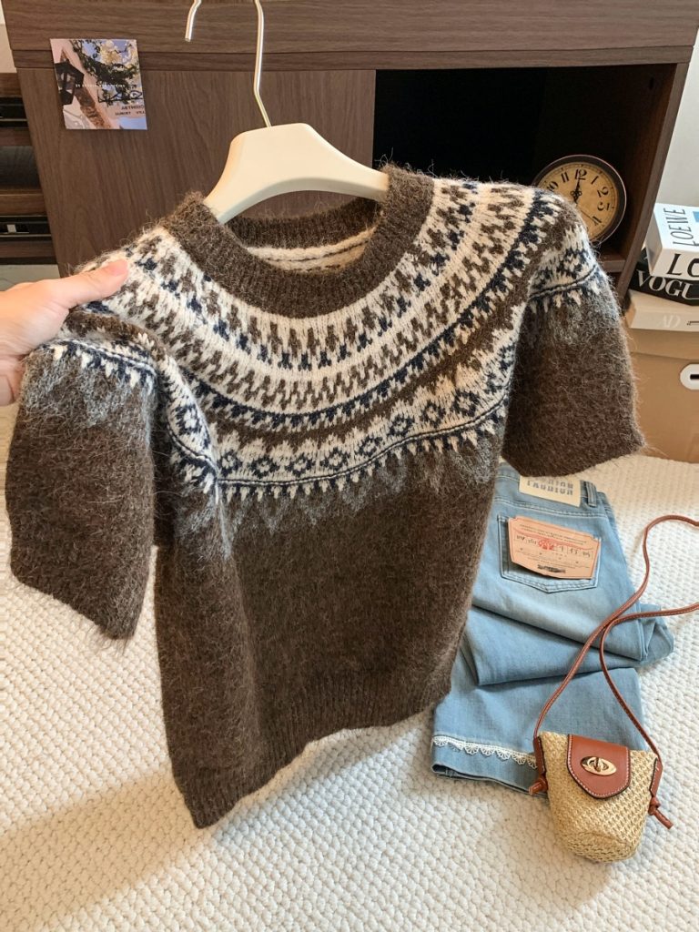 Women's Retro Fair Isle Jacquard Crew Neck Short Sleeve Knit Sweater 2026 Early Autumn Loose Casual Pullover - Style 709266